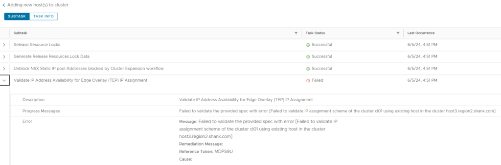 VMware Cloud Foundation SDDC Manager 5.1 validate ip address availability for Edge over (TEP) IP Assignment failed
